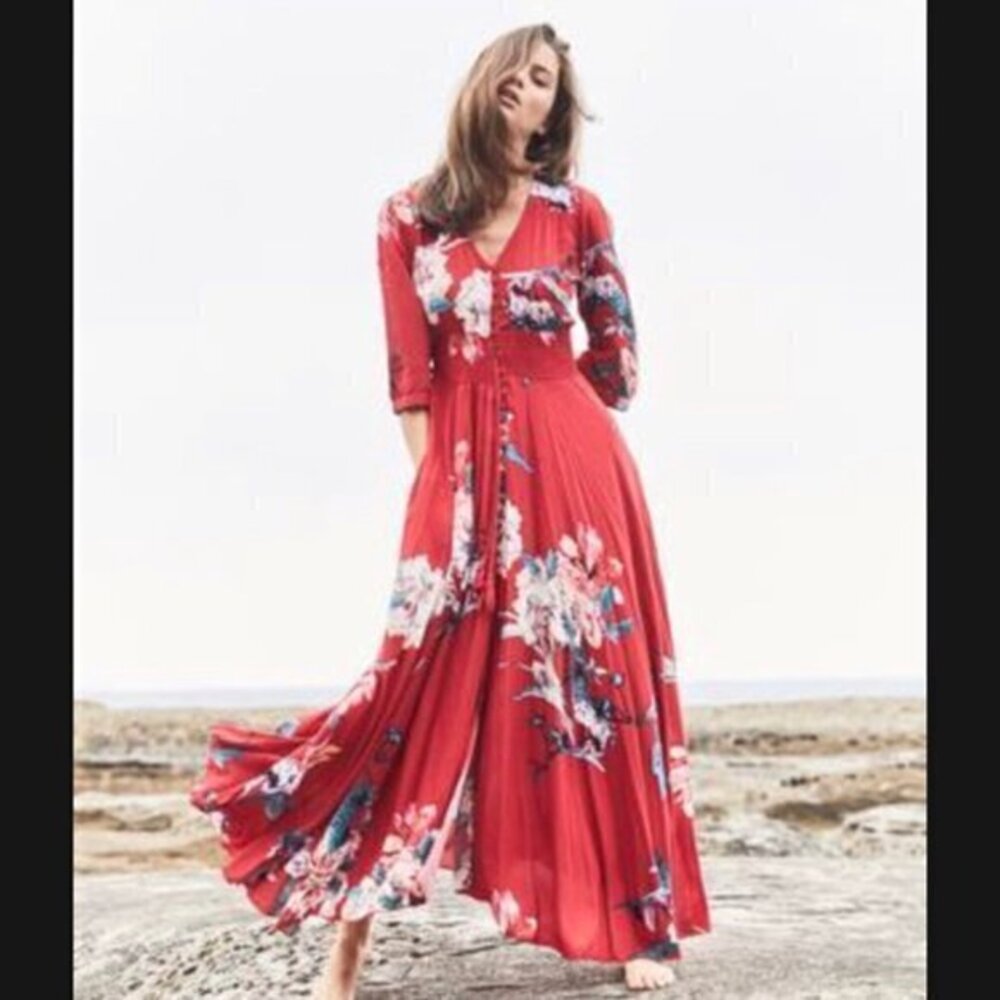 Jaase Red Floral Maxi Dress XS Indiana Carmen White V Neck Passion Long Sleeve
